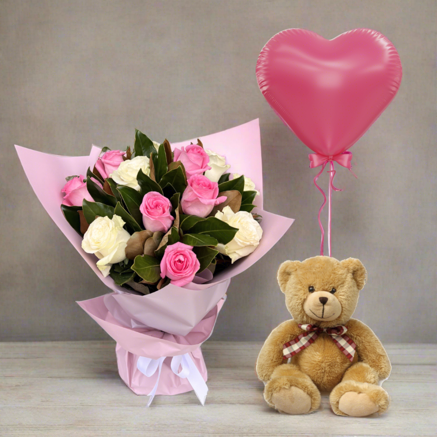 Flower Bouquet Bundle with Plush Bear & Balloon - Petalo - Flower Delivery Melbourne