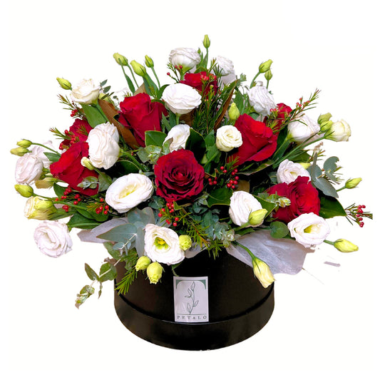 Red Rose and Lisianthis Flower Hatbox - Petalo - Flower Delivery Melbourne