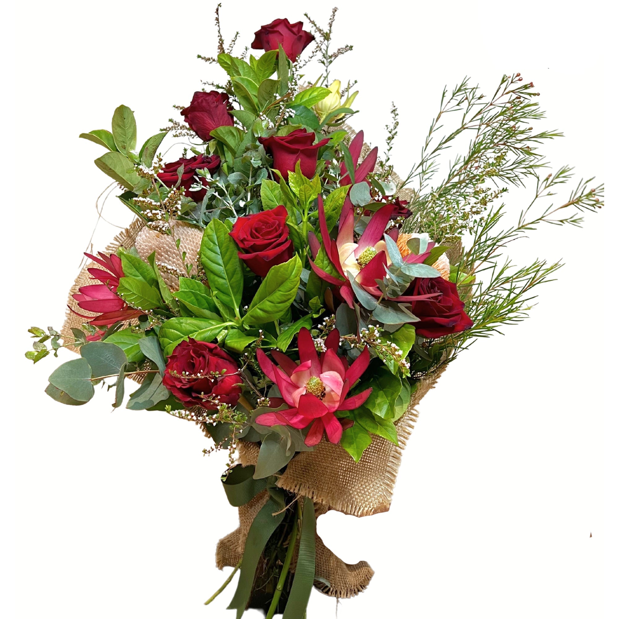 Australian Natives Posy with Red Roses | Flower Delivery Melbourne – Petalo