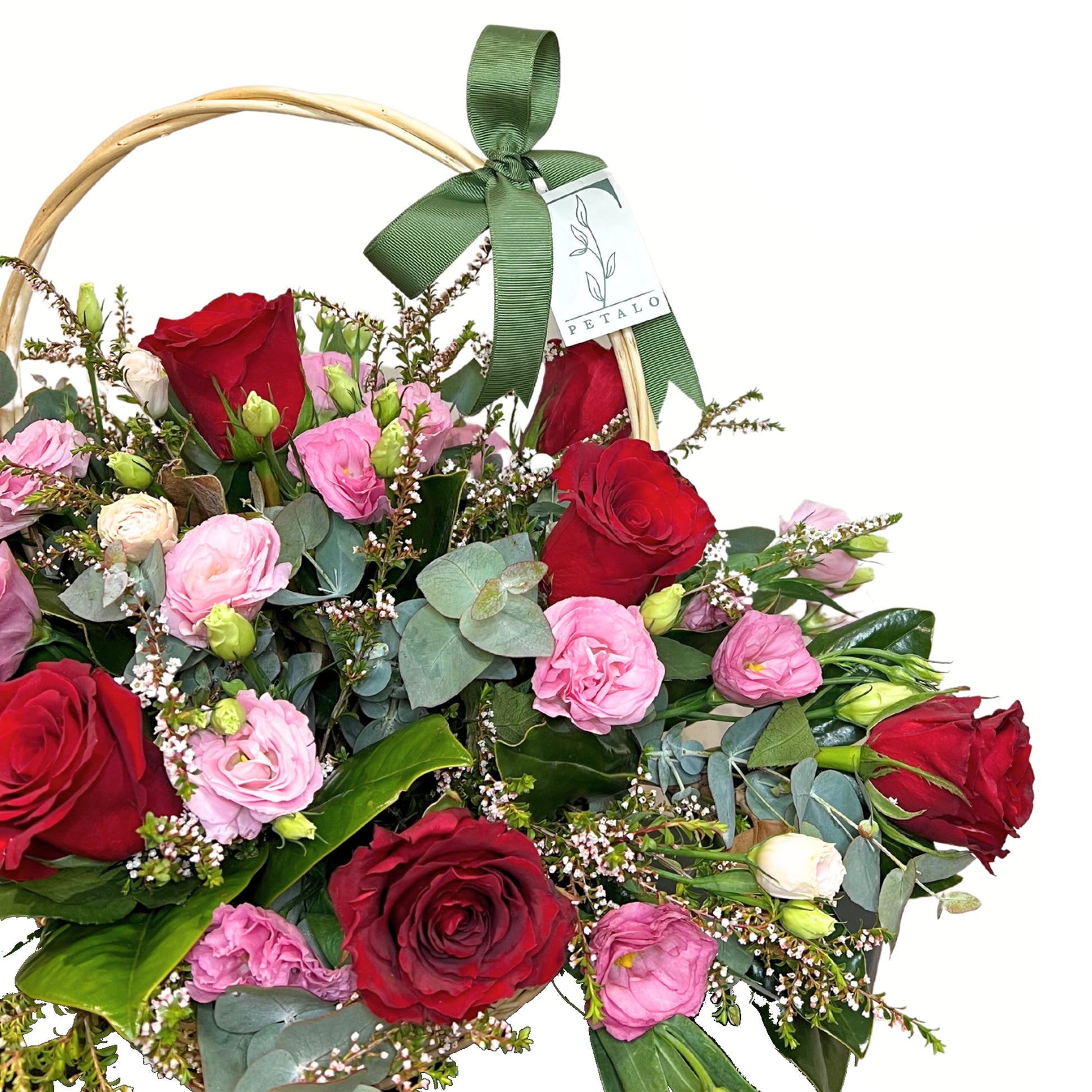 Red Roses and Pink Lisianthus Cane Basket | Flower Delivery Melbourne ...