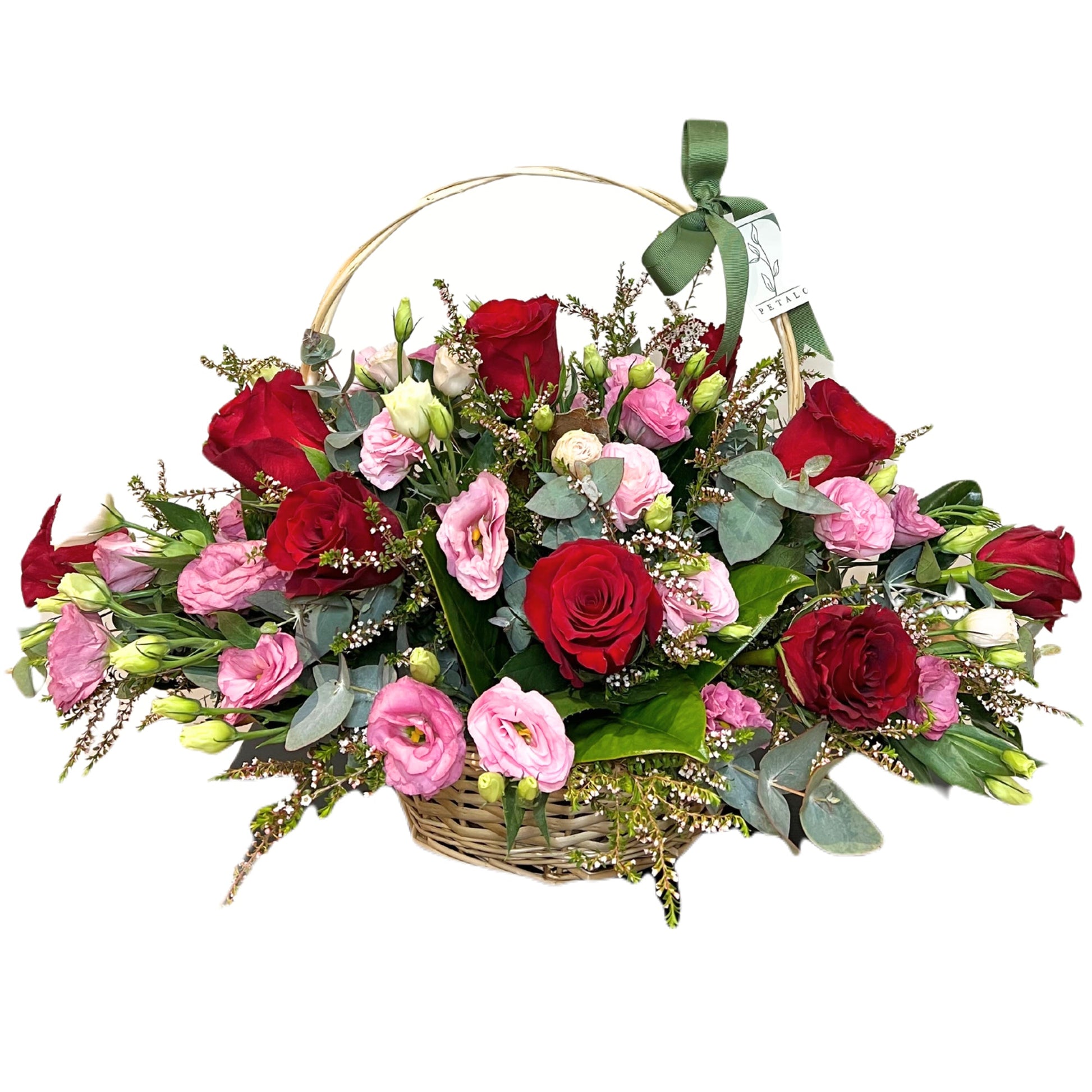 Red Roses and Pink Lisianthus Cane Basket | Flower Delivery Melbourne ...